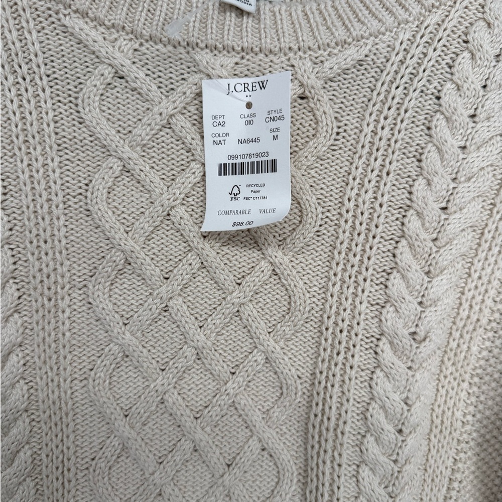J.Crew Cable Knit Sweater Cream 100% Cotton Size Medium NWT - Picture 2 of 3